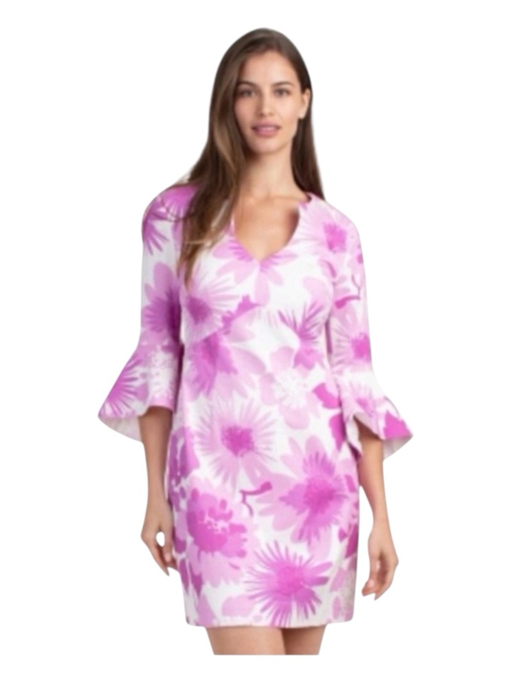 TRINA TURK Winnie Floral Dress in Sugar Berry Purple, Long Bell Sleeves, Size 8.
